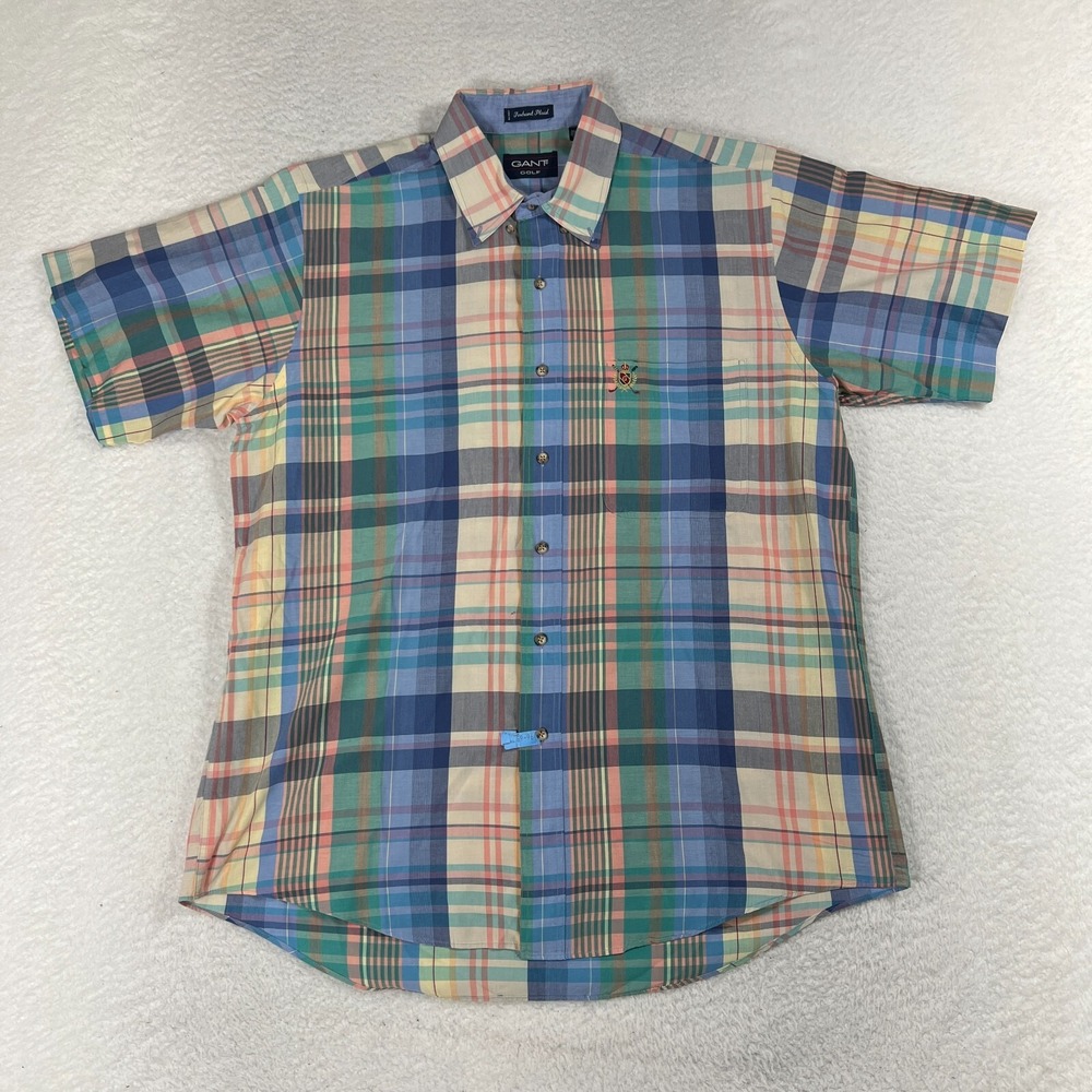 GANT GOLF Mens Large Foxhunt Plaid Short Sleeve Button Down Shirt Multicolor